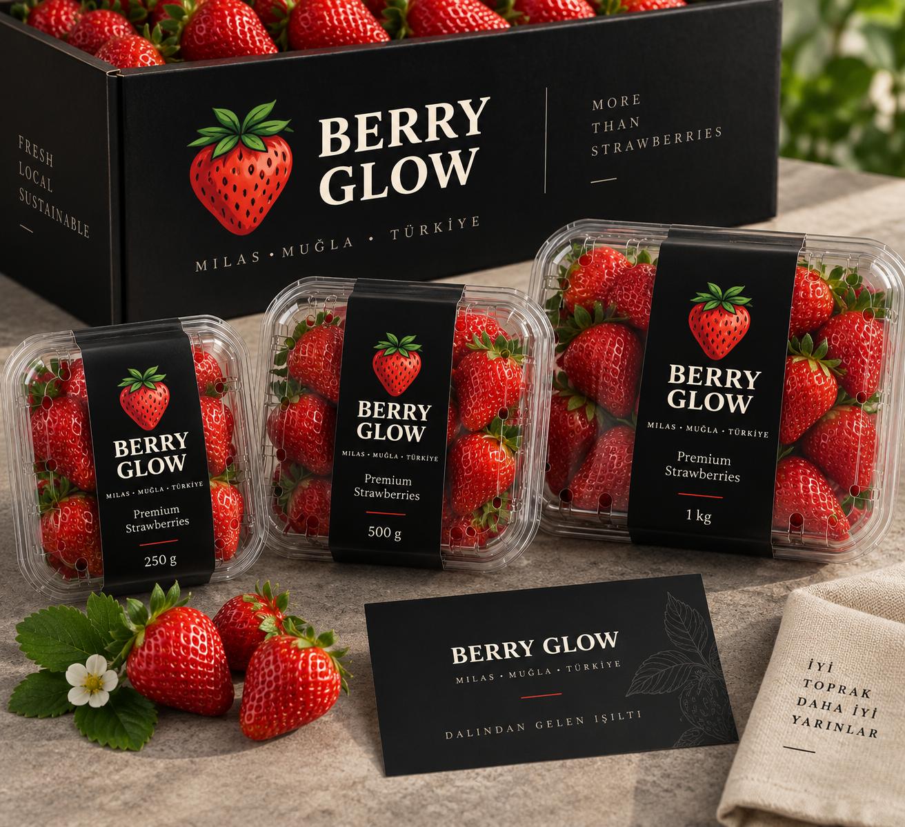 Berry Glow 250 g, 500 g ve 1 kg premium çilek ambalajları